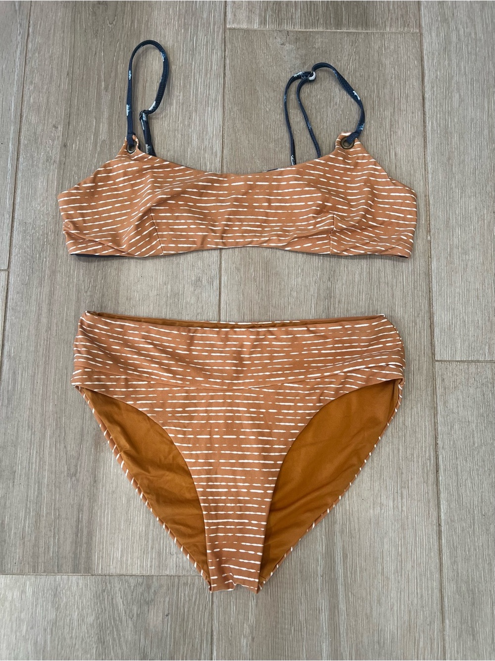 Rip Curl Striped Rust Two-Piece Bikini Set with Navy Straps size Medium